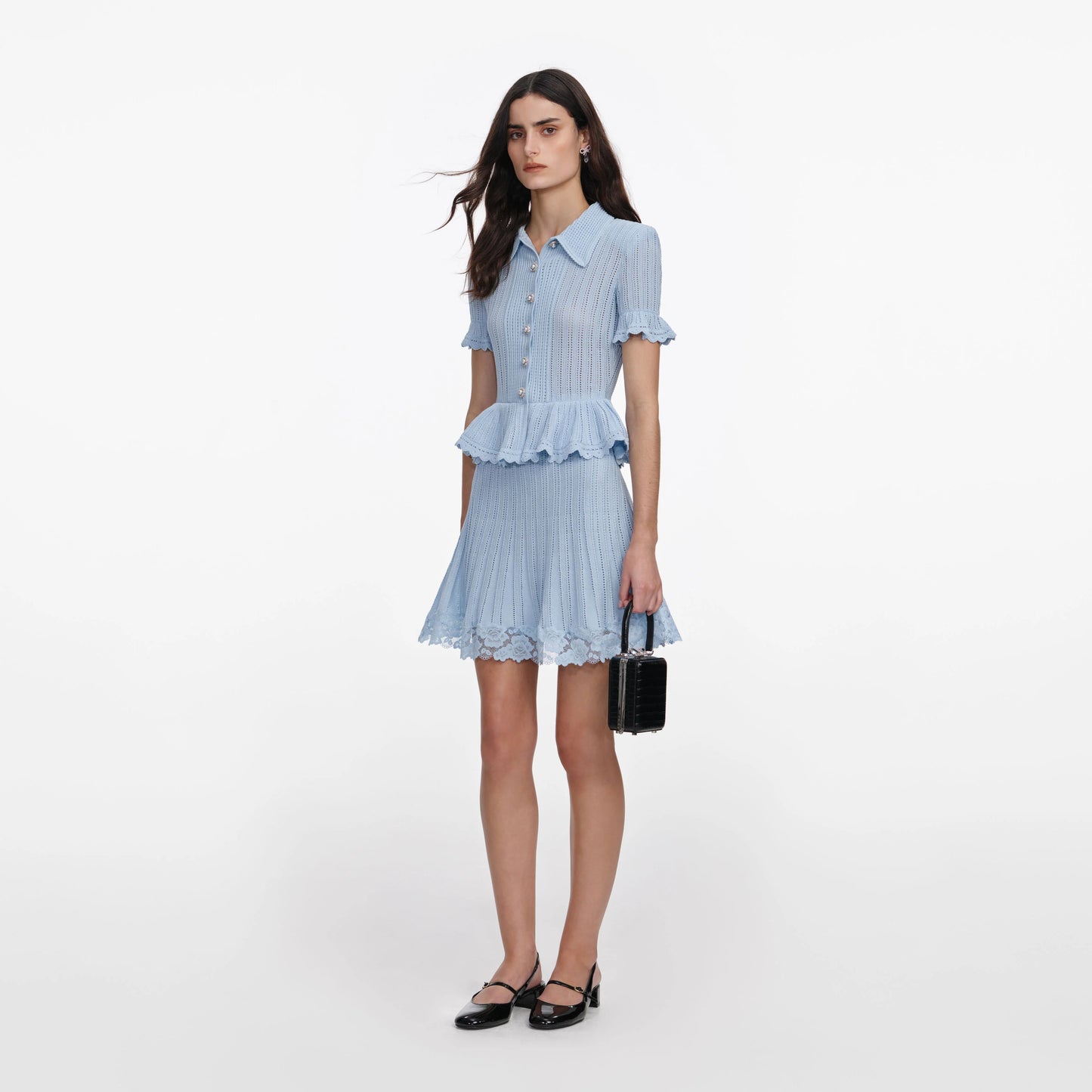 Blue Pointelle Peplum Knit Mini Dress