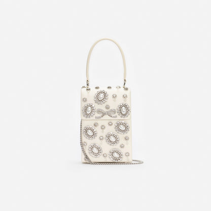 Cream Satin Crystal Mini Bow Bag