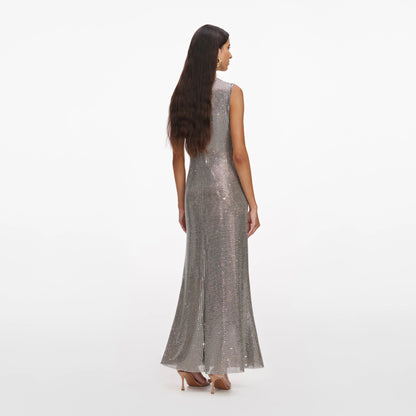 Grey Rhinestone Mesh Midi Dress