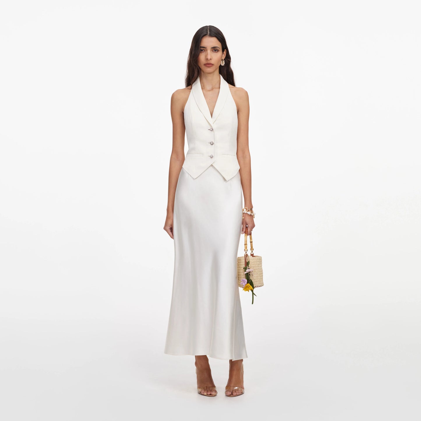 Cream Linen Blend Satin Midi Dress