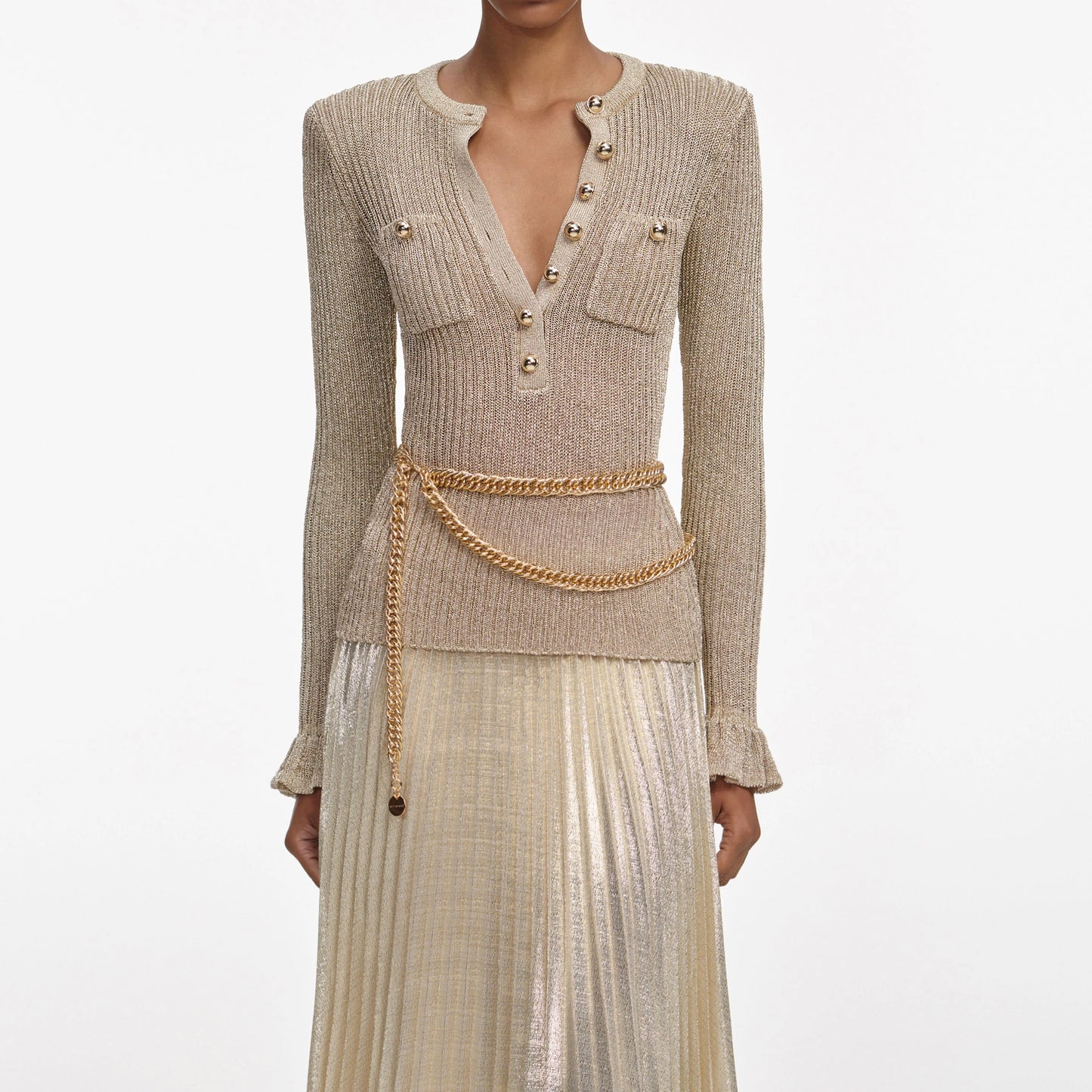 Gold Lurex Ribbed Knit Maxi Dress