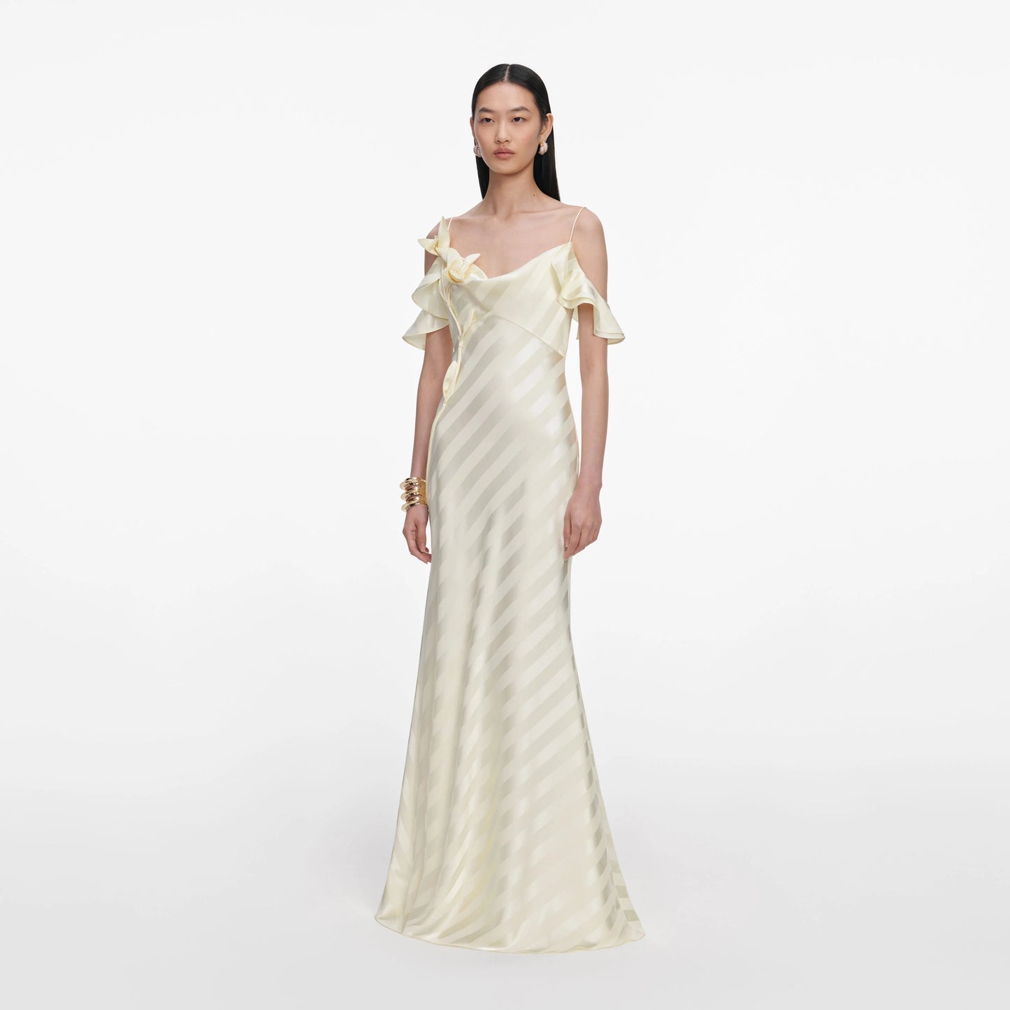Yellow Satin Striped Maxi Dress