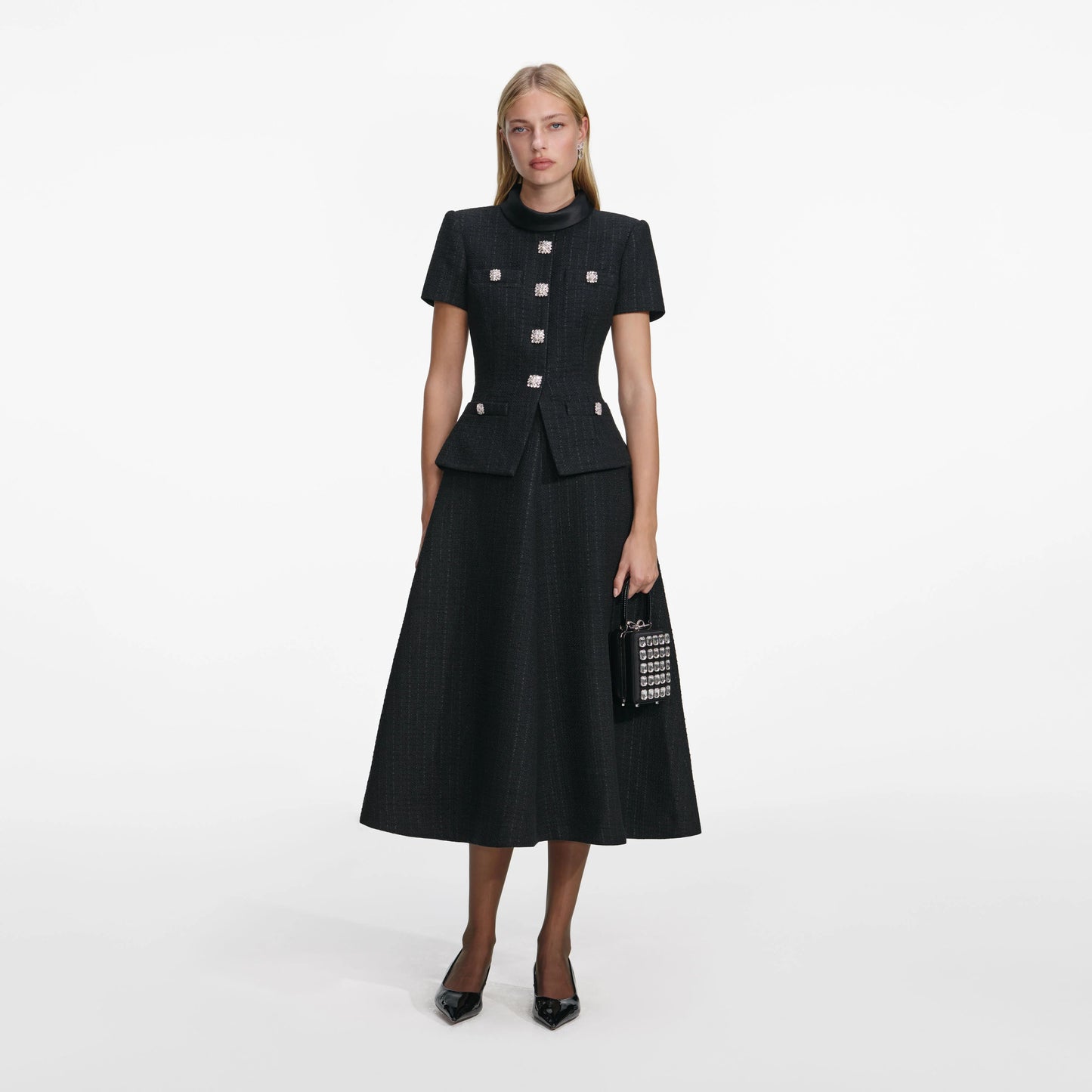 Black Boucle Collared Midi Dress