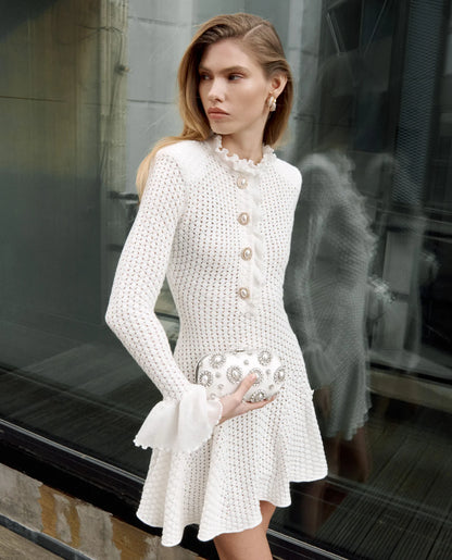 White Lace Collared Pointelle Knit Mini Dress
