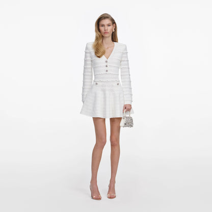 White Pointelle Diamante Knit Mini Dress