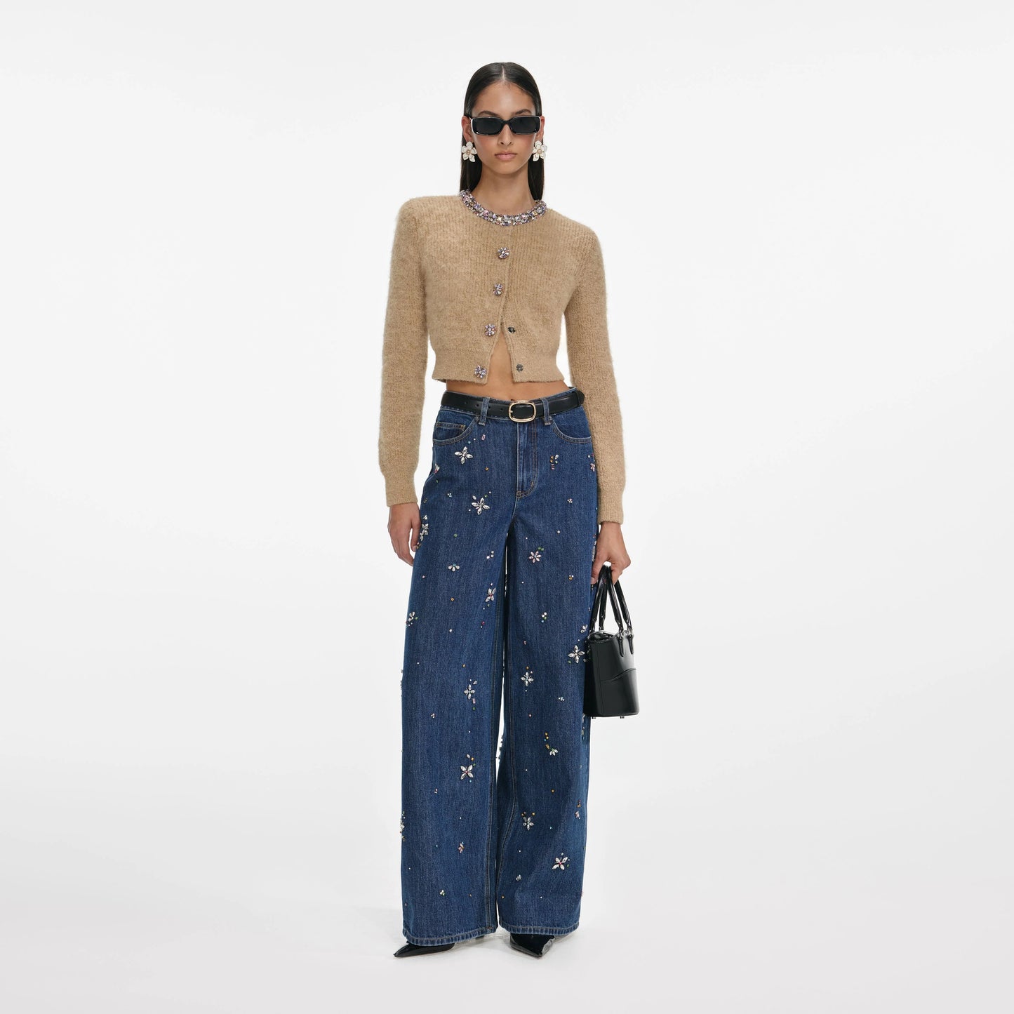 Blue Embellished Wide Leg Jeans