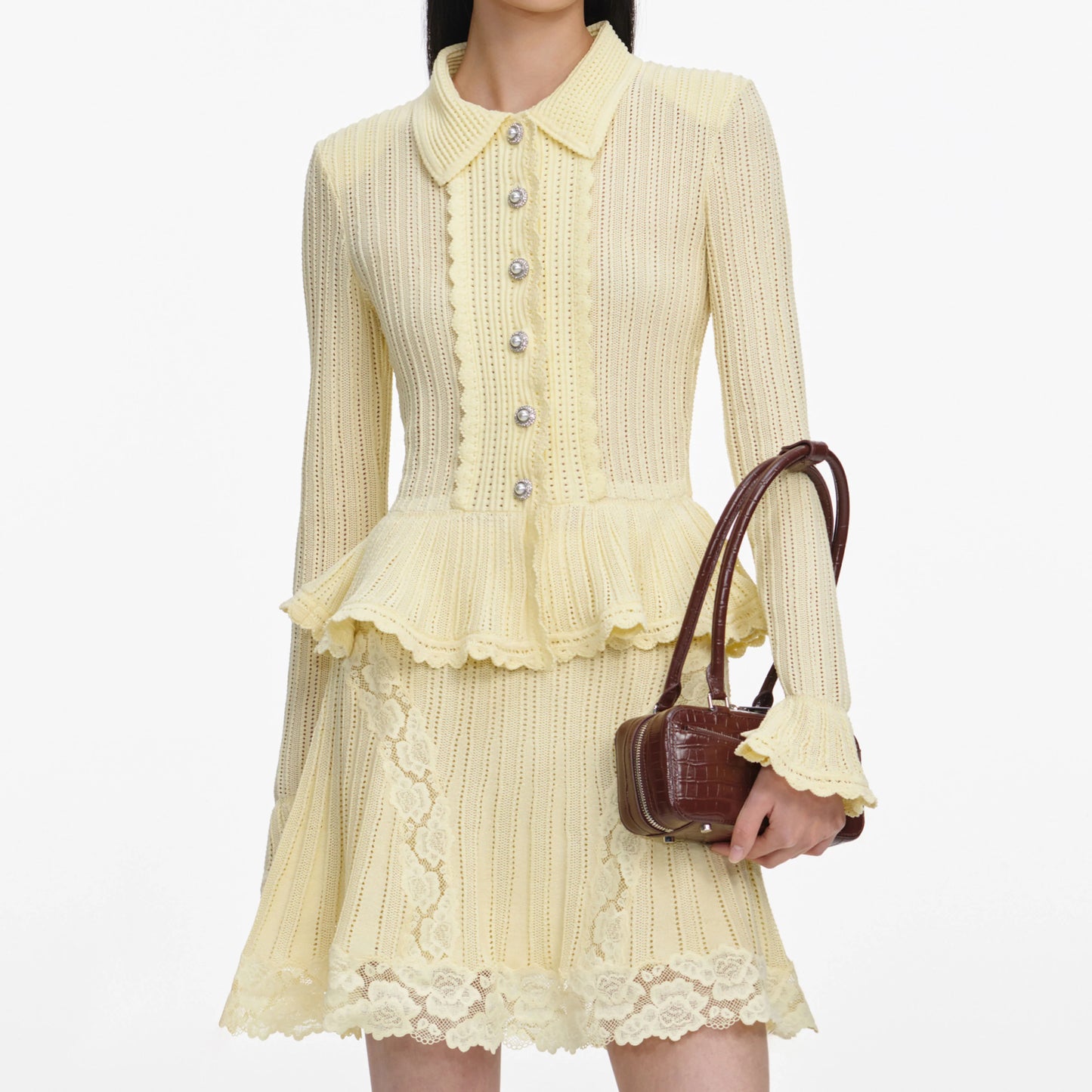 Yellow Pointelle Peplum Knit Mini Dress