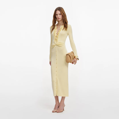 Yellow Viscose Knit Ruffle Midi Dress