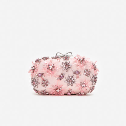 Pink Satin Floral Crystal Clutch