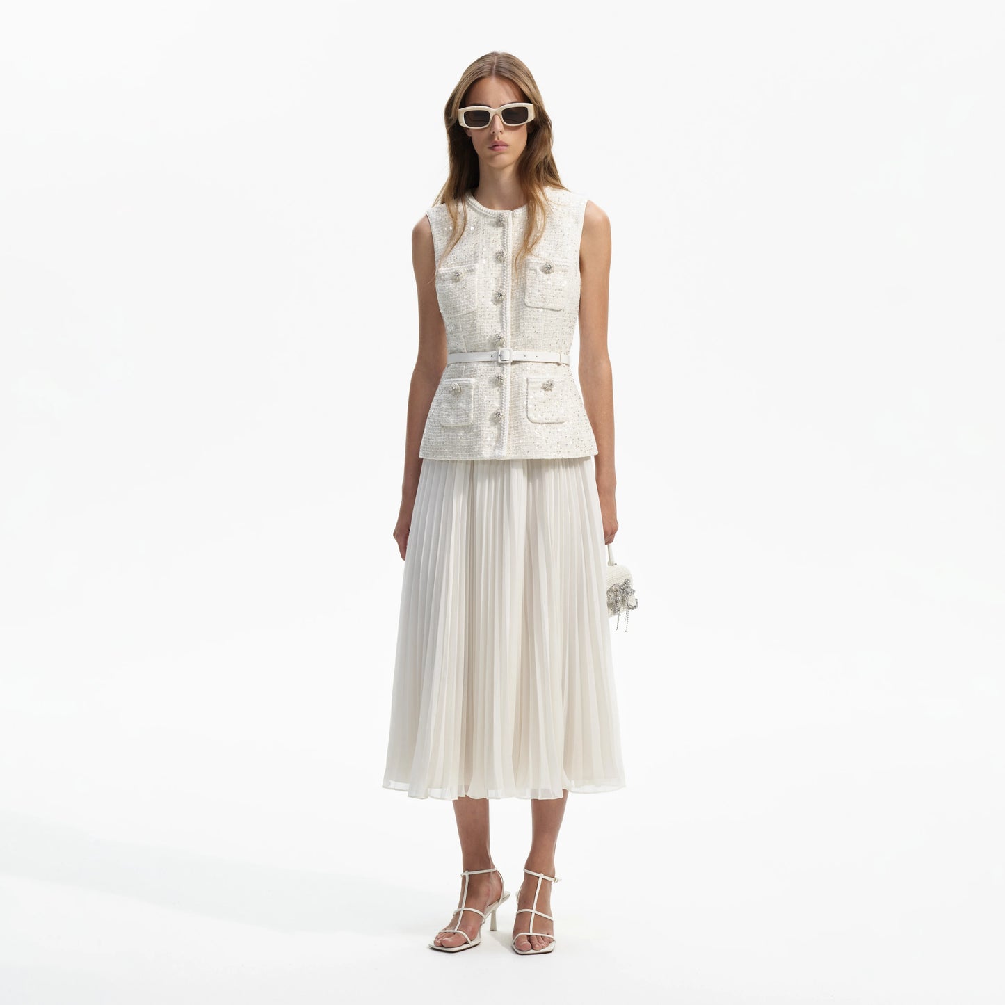 Cream Sequin Boucle Tailored Midi Dress