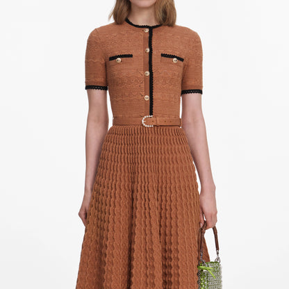 Brown Pointelle Knit Midi Dress