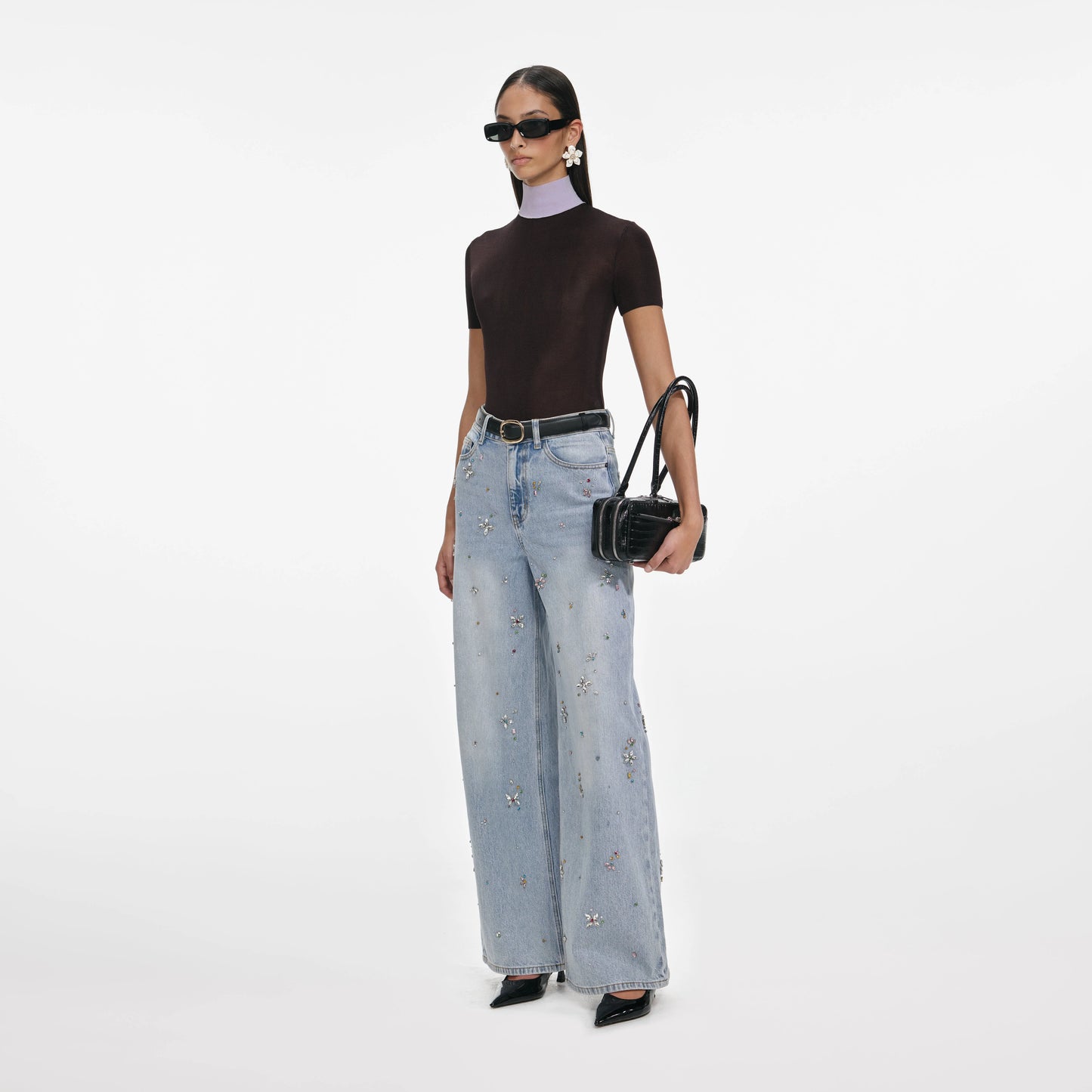 Light Blue Embellished Wide Leg Jeans