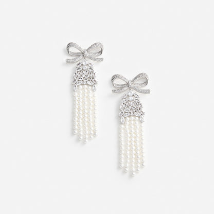 Crystal Bow Pearl Droplet Earrings