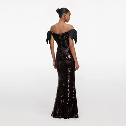 Brown Sequin Bow Maxi Dress