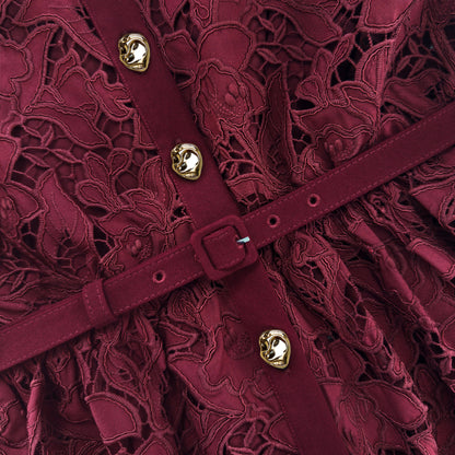 Burgundy Lace Collared Midi Dress
