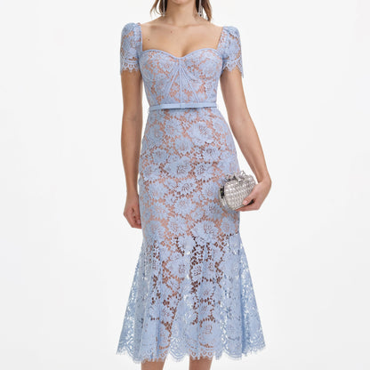 Baby Blue Fine Lace Midi Dress