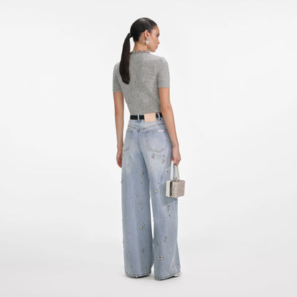Grey Embellished Trim Knit Top