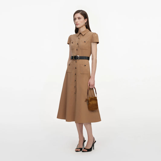 Tan Twill Belted Midi Dress