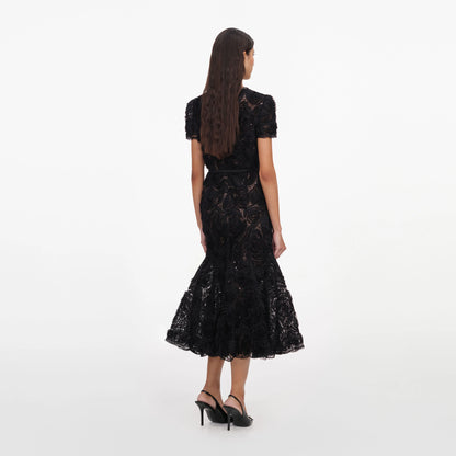 Black Tulle Lace Sequin Midi Dress