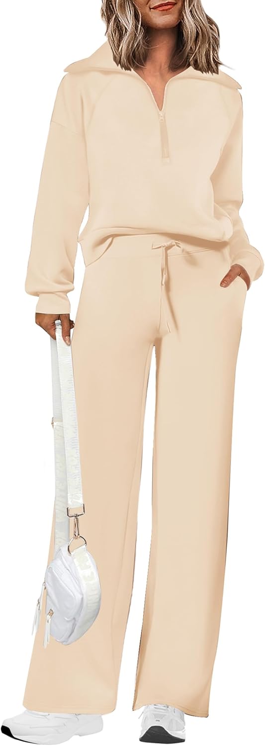 Women's 2 Piece Outfits Casual Lapel Half Zip Sweatshirts and Wide Leg Pants Tracksuit Sets
