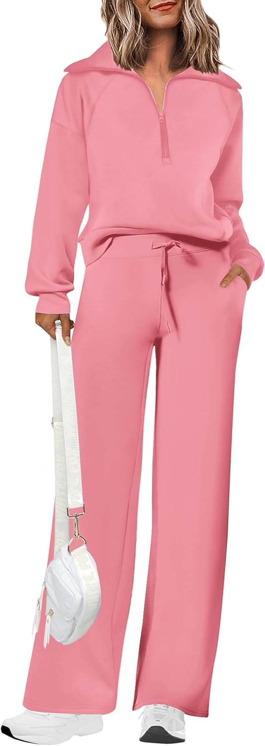 Women's 2 Piece Outfits Casual Lapel Half Zip Sweatshirts and Wide Leg Pants Tracksuit Sets