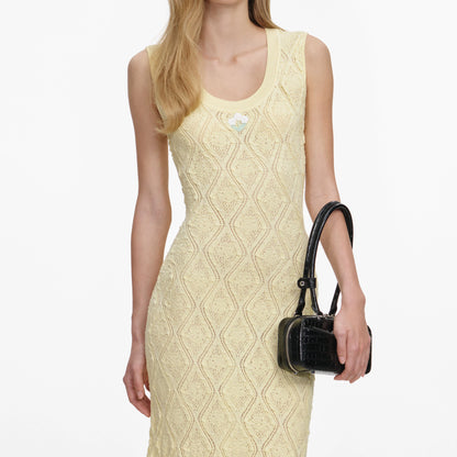 Yellow Pointelle Knit Midi Dress