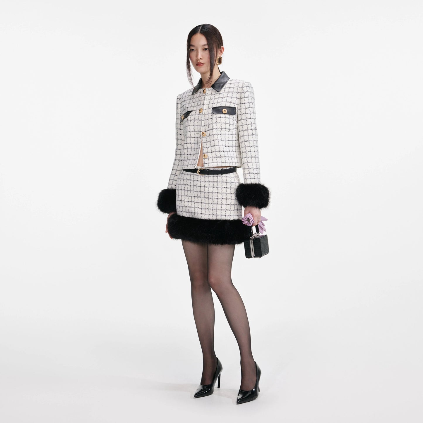 Check Boucle Fur Hem Mini Skirt