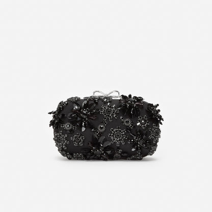 Black Satin Floral Crystal Clutch Bag