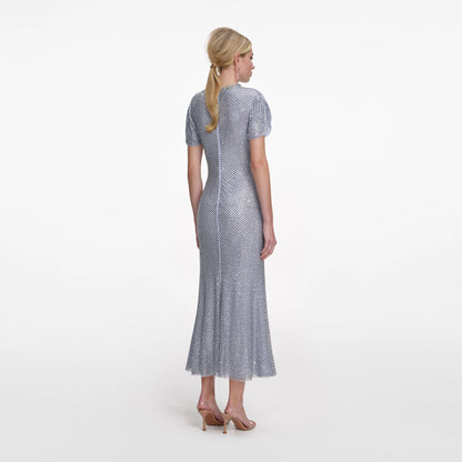 Blue Rhinestone Mesh Midi Dress