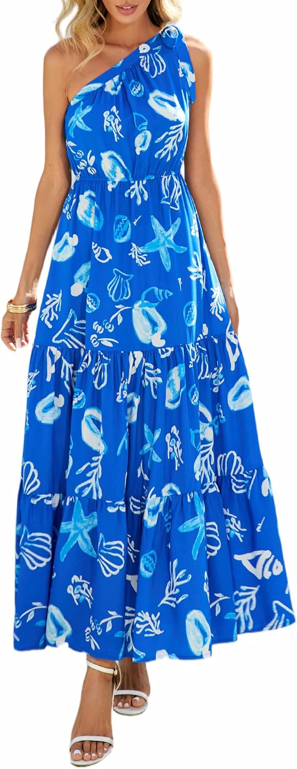 Women's Summer Floral One Shoulder Maxi Dress Knot Ruffle Boho Beach Vacation Wedding Guest Long Sun Dresses