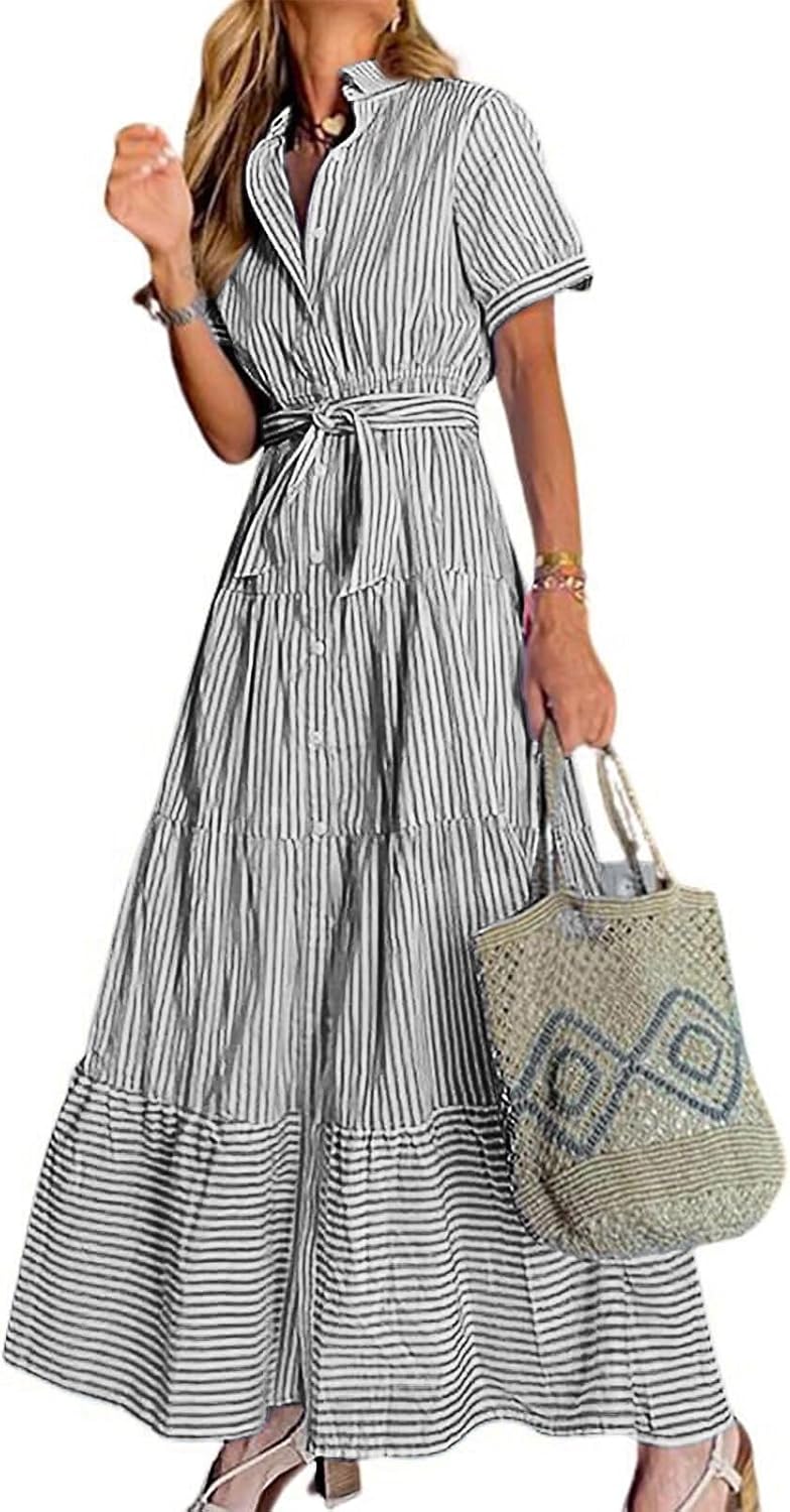 Womens Casual Short Sleeve Button Down Tie Waist Ruffled Striped Maxi Shirt Dress