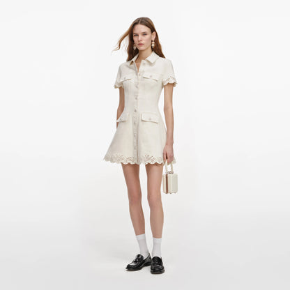 Cream Broderie Collared Denim Mini Dress