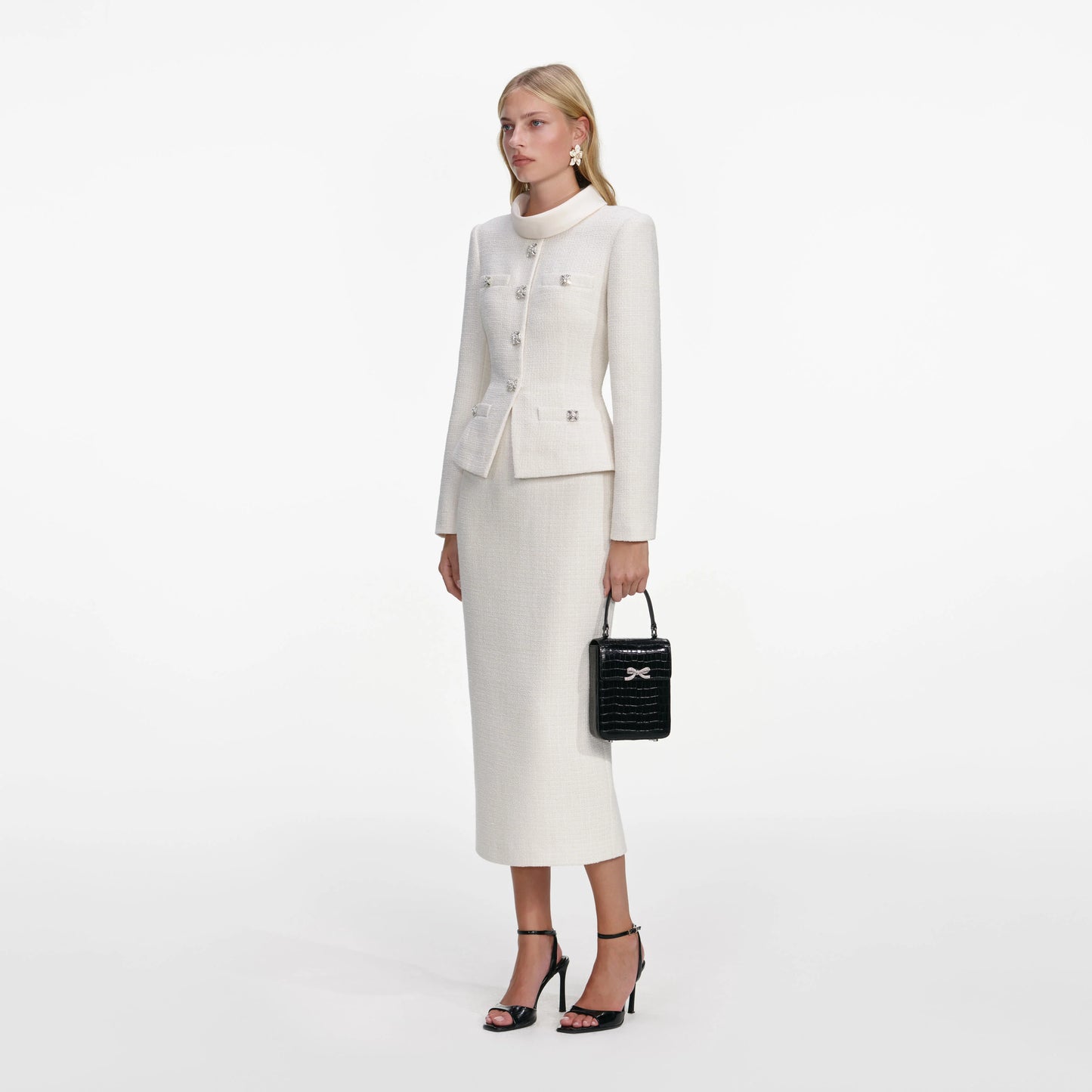 Cream Boucle Tailored Midi Dress