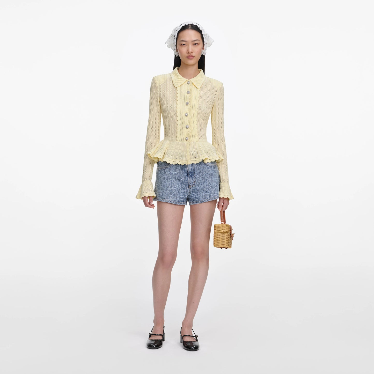 Rhinestone Croc Effect Denim Shorts