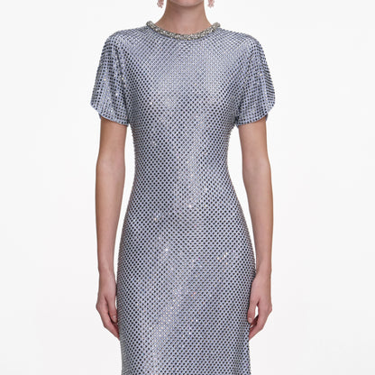 Blue Rhinestone Mesh Midi Dress