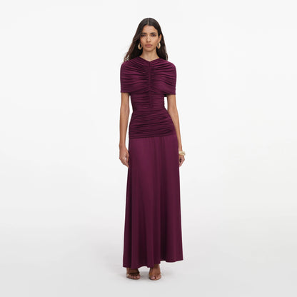 Burgundy Jersey Gathered Midi Dress