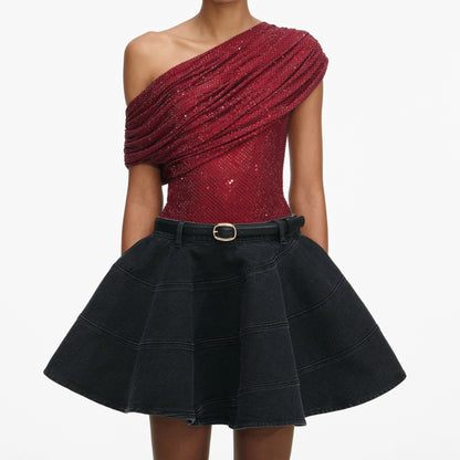 Black Flared Denim Mini Skirt