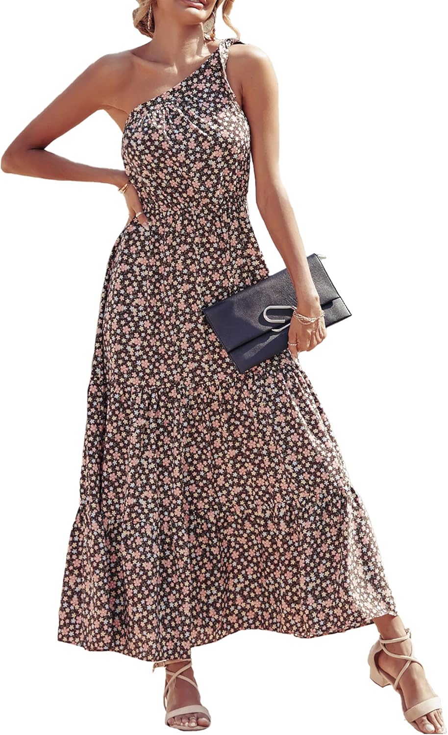 Women's Summer Floral One Shoulder Maxi Dress Knot Ruffle Boho Beach Vacation Wedding Guest Long Sun Dresses