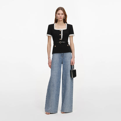 Black Crepe Contrast Frill Top