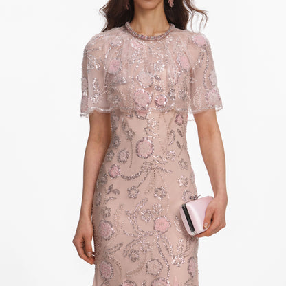 Pink Embellished Cape Midi Dress
