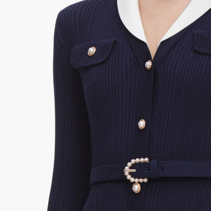 Navy Ribbed Knit Contrast Midi Dress