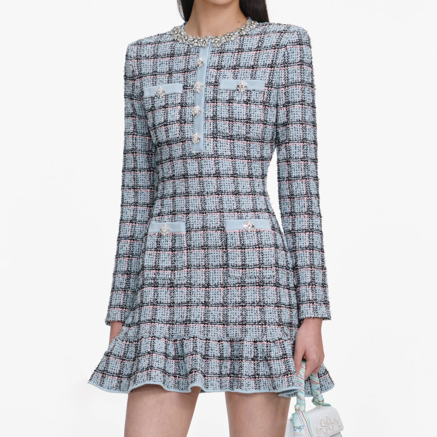 Blue Check Knit Mini Dress