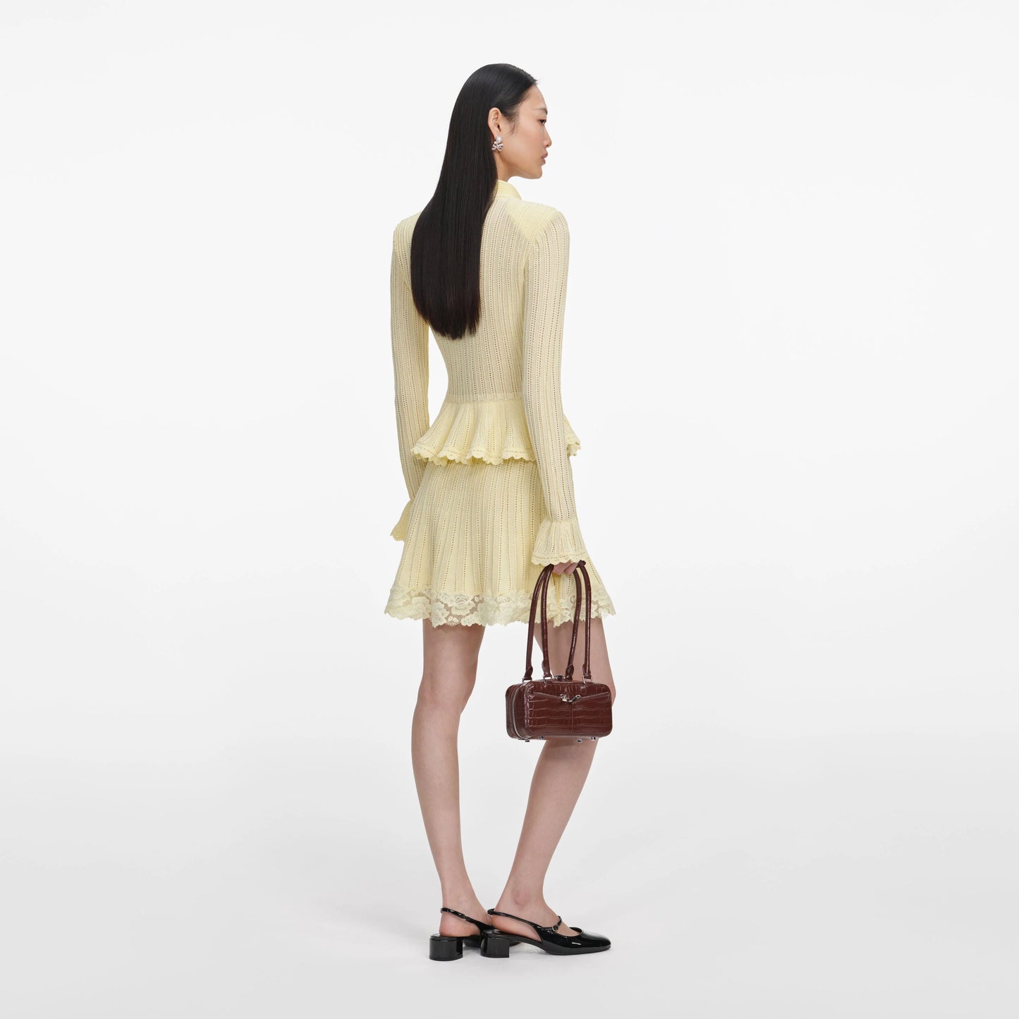 Yellow Pointelle Peplum Knit Mini Dress
