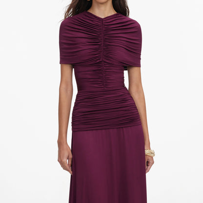 Burgundy Jersey Gathered Midi Dress