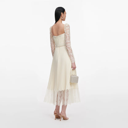 Cream Chiffon Lace Midi Dress