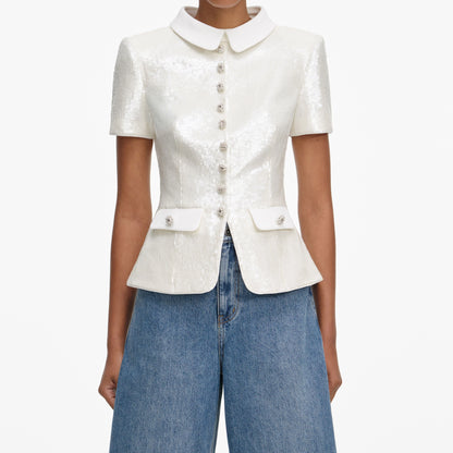 White Sequin Tailored Top