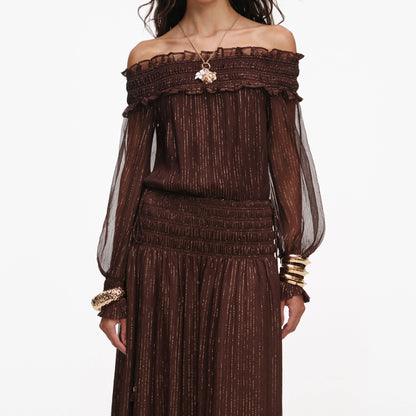 Brown Georgette Off Shoulder Maxi Dress