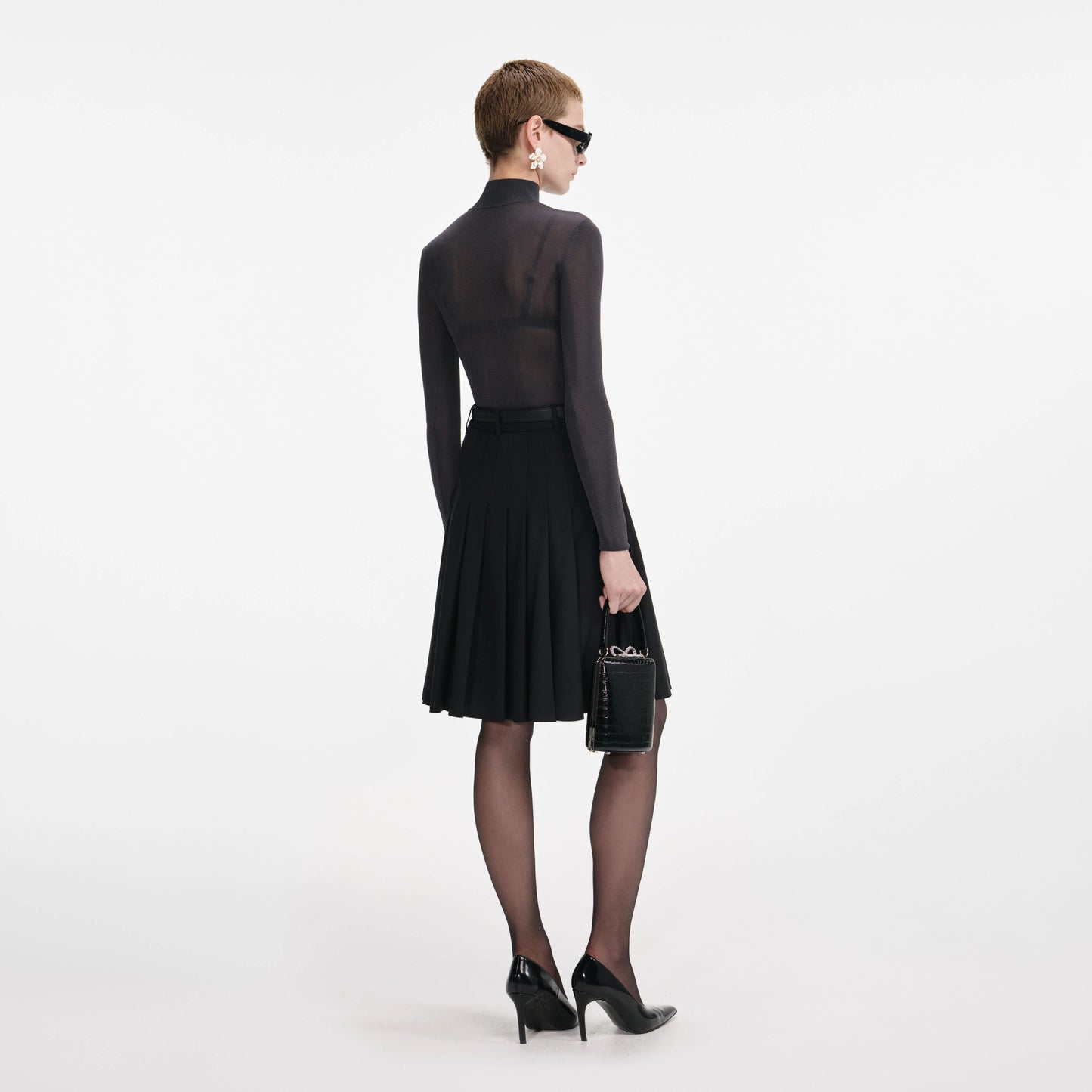 Black Pleated Twill Midi Skirt