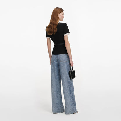 Black Crepe Contrast Frill Top