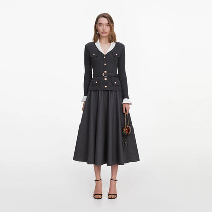 Grey Knit Twill Midi Dress